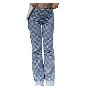 SHEIN Checkered denim wide leg jeans Boyfriend Jeans Blue pants